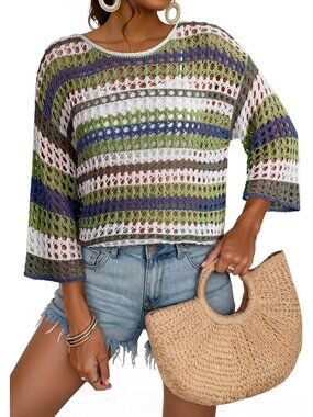 Women's Green Sleeve Crochet Sweater Hollow Block  Cover Ups Striped Tops